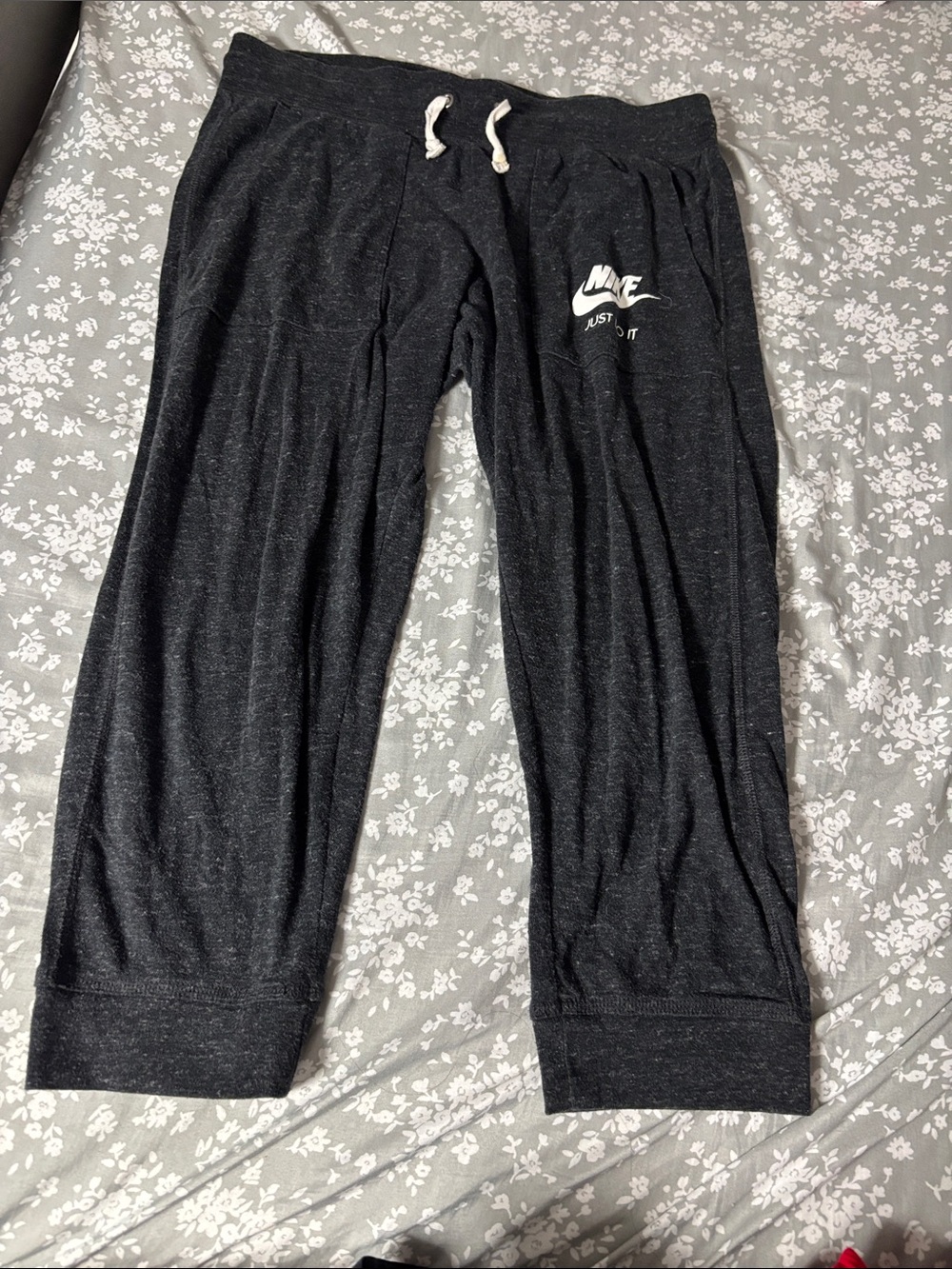 Nike Black Heather Cropped Pull-On Joggers with White Drawcord